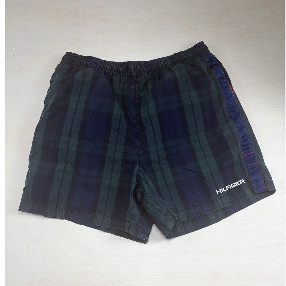 Tommy Hilfiger Mens Plaid Swim Trunks Green Navy Blue L Mesh Lined Board Shorts